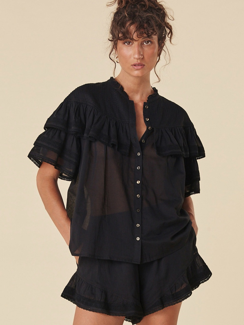 Spell Black Ruffle Button-Front Blouse